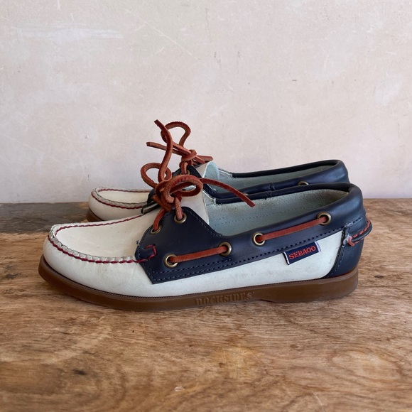 SEBAGO DOCKSIDERS Preppy Handmade Leather Navy & Creamy Blue Loafers Sz 6M NICE! - Picture 5 of 12